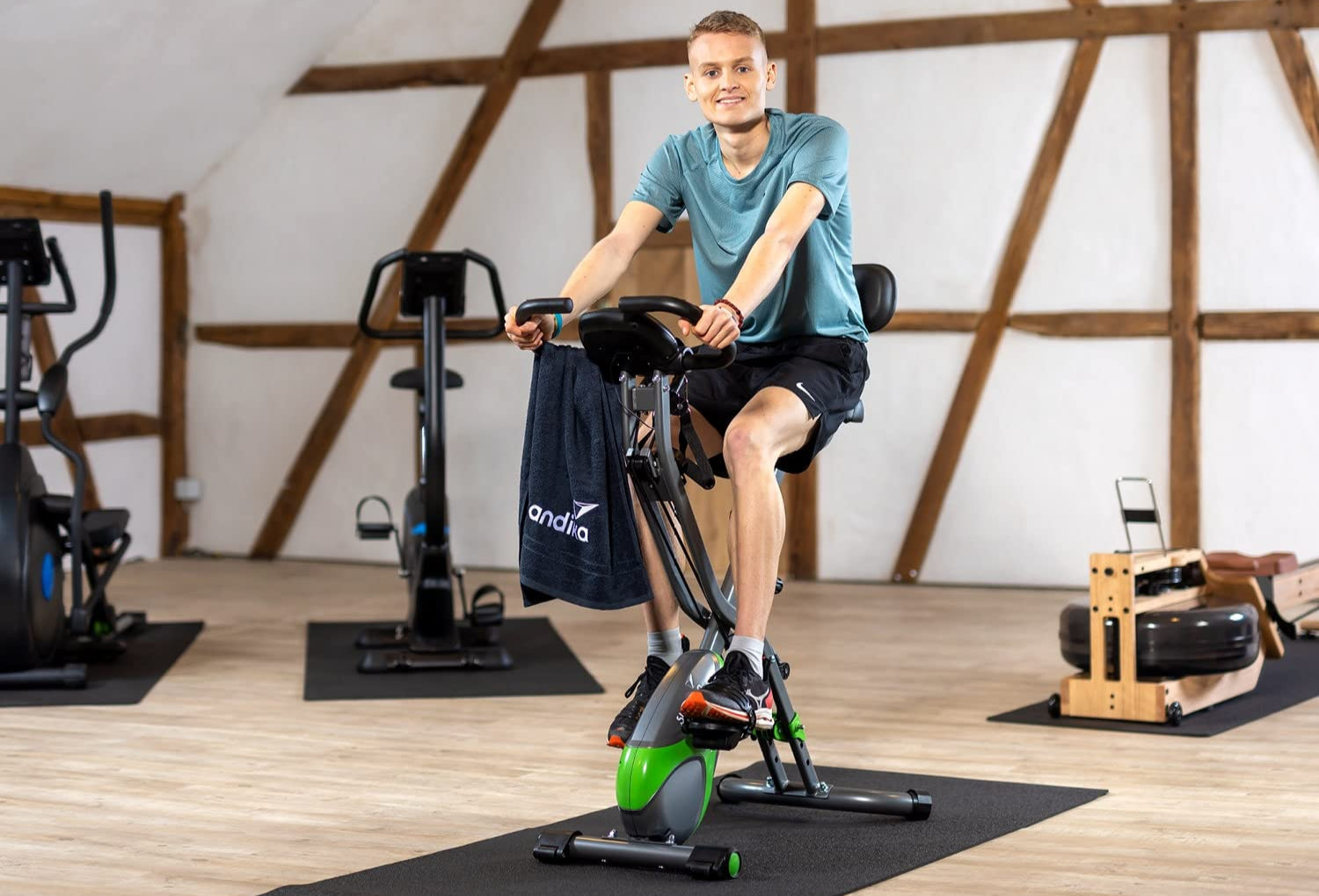 Skandika Fitnessbike Foldaway X-3000 X-Bike mit Lehne, Ergometer Fahrrad, klappbarer Hometrainer | Multi-Gym 4 in 1 Heimtrainer, Liegeergometer, Beintrainer, Kraftstation | blau/weiß