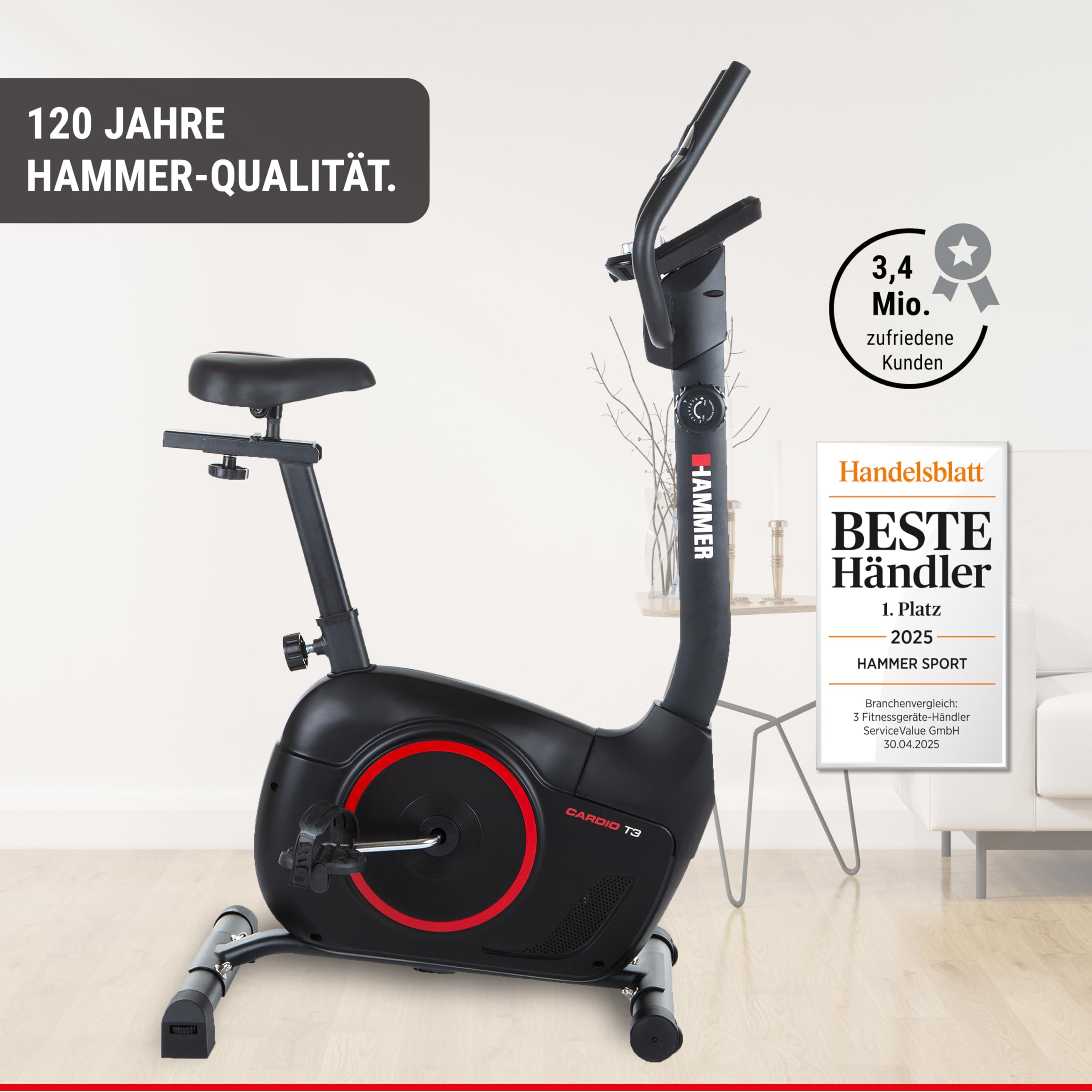 HAMMER 4860 Heimtrainer Cardio T3, geringer Einstiegs-Widerstand, besondersleisesFitnessfahrrad,Comfort-Sattel,geeignetalsHeimtrainerfürSenioren,Tablethalterung,90x46x137cm